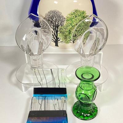 LOT 234: Decorative Collection - Cobalt Blue Bottles (Italy Acqua della Madonna), Calla Lily Candle Holders, Glass Coasters and More