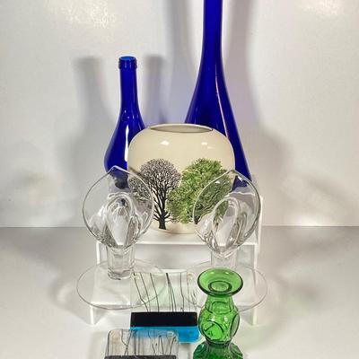 LOT 234: Decorative Collection - Cobalt Blue Bottles (Italy Acqua della Madonna), Calla Lily Candle Holders, Glass Coasters and More