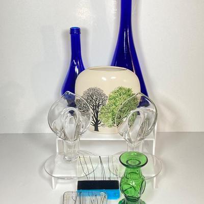 LOT 234: Decorative Collection - Cobalt Blue Bottles (Italy Acqua della Madonna), Calla Lily Candle Holders, Glass Coasters and More