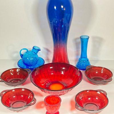 LOT 235: Blue and Red Glass Decorative Collection