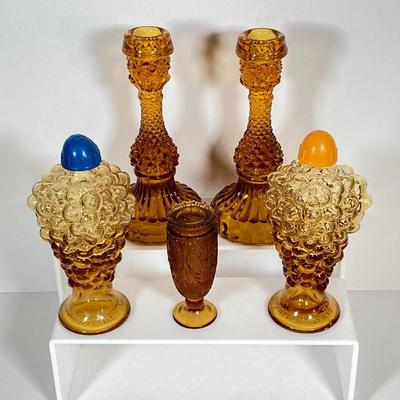 LOT 236: Amber Glass Collection - Candlestick Holders, MCM Ngori Italy Glass Grapes Salt & Pepper Shakers, Round Cut Glass Serving...