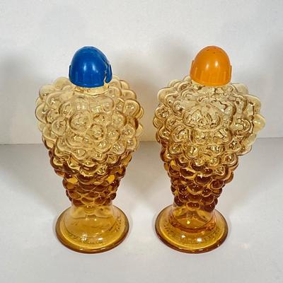 LOT 236: Amber Glass Collection - Candlestick Holders, MCM Ngori Italy Glass Grapes Salt & Pepper Shakers, Round Cut Glass Serving...