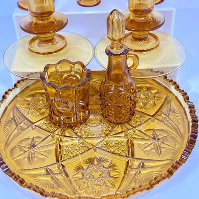 LOT 236: Amber Glass Collection - Candlestick Holders, MCM Ngori Italy Glass Grapes Salt & Pepper Shakers, Round Cut Glass Serving...