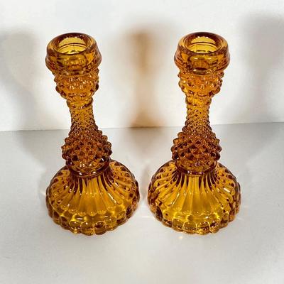LOT 236: Amber Glass Collection - Candlestick Holders, MCM Ngori Italy Glass Grapes Salt & Pepper Shakers, Round Cut Glass Serving...