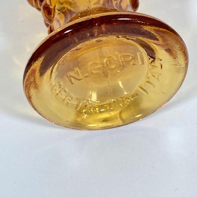 LOT 236: Amber Glass Collection - Candlestick Holders, MCM Ngori Italy Glass Grapes Salt & Pepper Shakers, Round Cut Glass Serving...