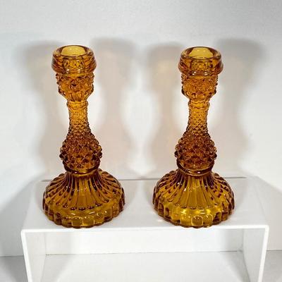 LOT 236: Amber Glass Collection - Candlestick Holders, MCM Ngori Italy Glass Grapes Salt & Pepper Shakers, Round Cut Glass Serving...