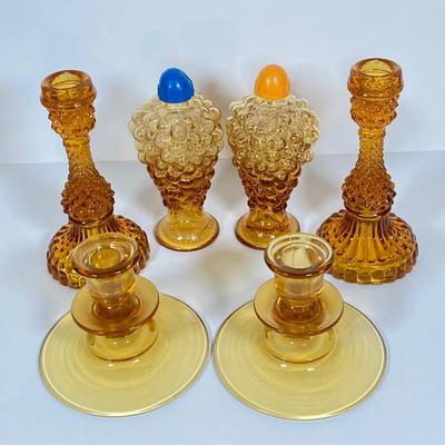 LOT 236: Amber Glass Collection - Candlestick Holders, MCM Ngori Italy Glass Grapes Salt & Pepper Shakers, Round Cut Glass Serving...