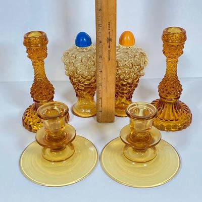 LOT 236: Amber Glass Collection - Candlestick Holders, MCM Ngori Italy Glass Grapes Salt & Pepper Shakers, Round Cut Glass Serving...