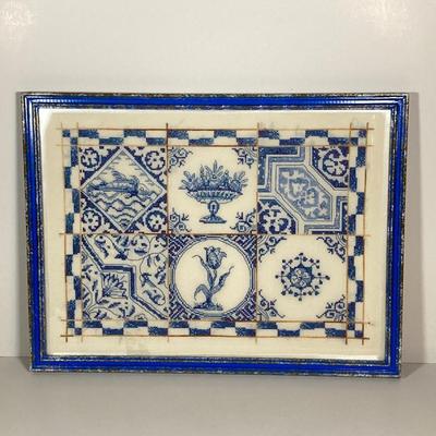 LOT 238: Blue and White Collection - Cross Stitch Wall Hanging, Table Lamp, Classic J&G Meakin England Scandia Plates / Bowls and...