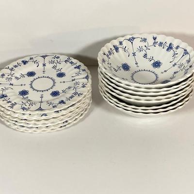 LOT 238: Blue and White Collection - Cross Stitch Wall Hanging, Table Lamp, Classic J&G Meakin England Scandia Plates / Bowls and...