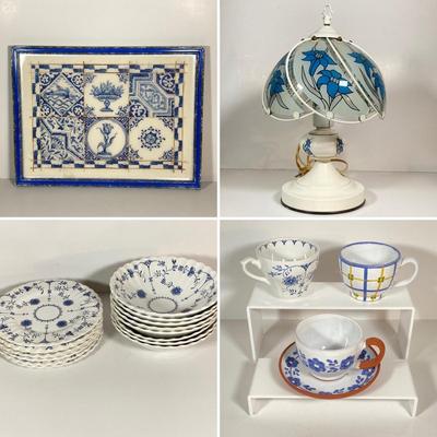 LOT 238: Blue and White Collection - Cross Stitch Wall Hanging, Table Lamp, Classic J&G Meakin England Scandia Plates / Bowls and...