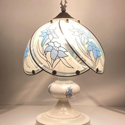 LOT 238: Blue and White Collection - Cross Stitch Wall Hanging, Table Lamp, Classic J&G Meakin England Scandia Plates / Bowls and...