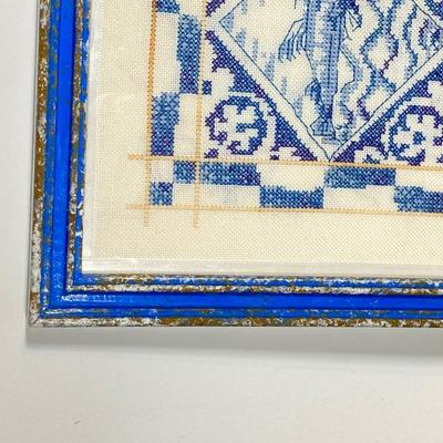 LOT 238: Blue and White Collection - Cross Stitch Wall Hanging, Table Lamp, Classic J&G Meakin England Scandia Plates / Bowls and...