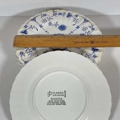 LOT 238: Blue and White Collection - Cross Stitch Wall Hanging, Table Lamp, Classic J&G Meakin England Scandia Plates / Bowls and...