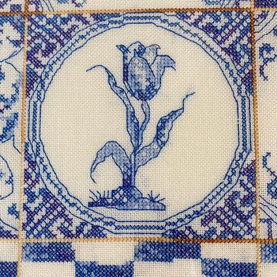 LOT 238: Blue and White Collection - Cross Stitch Wall Hanging, Table Lamp, Classic J&G Meakin England Scandia Plates / Bowls and...