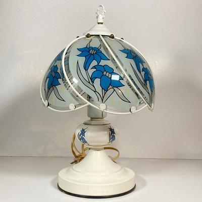 LOT 238: Blue and White Collection - Cross Stitch Wall Hanging, Table Lamp, Classic J&G Meakin England Scandia Plates / Bowls and...