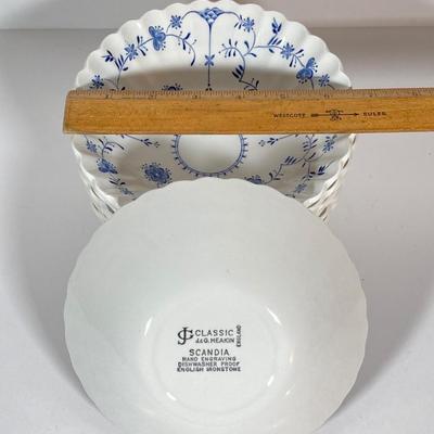 LOT 238: Blue and White Collection - Cross Stitch Wall Hanging, Table Lamp, Classic J&G Meakin England Scandia Plates / Bowls and...