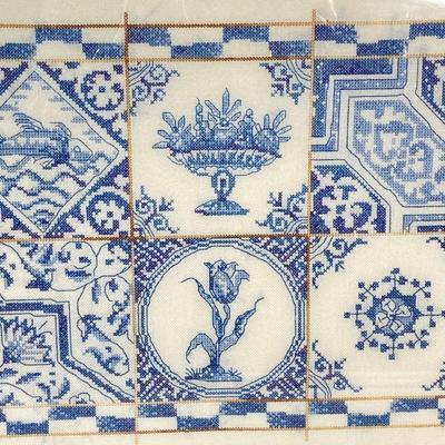 LOT 238: Blue and White Collection - Cross Stitch Wall Hanging, Table Lamp, Classic J&G Meakin England Scandia Plates / Bowls and...