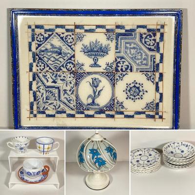 LOT 238: Blue and White Collection - Cross Stitch Wall Hanging, Table Lamp, Classic J&G Meakin England Scandia Plates / Bowls and...