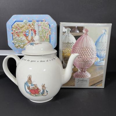 LOT 239: Gorham Emily's Attic Blue Egg Covered Dish, Wedgewood Beatrix Potter Teapot & More