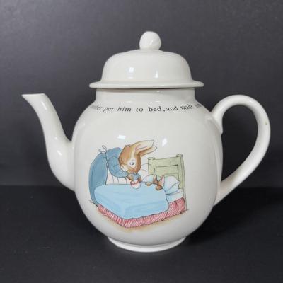 LOT 239: Gorham Emily's Attic Blue Egg Covered Dish, Wedgewood Beatrix Potter Teapot & More