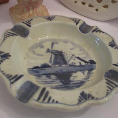 Porcelain Shoe Hand Painted Delft Ashtray & Delft Lattice Windmill Pattern Bowl