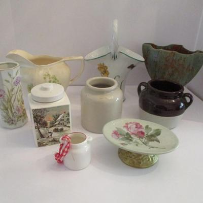 Vintage Currier Ives Container Japanese Bud Vase Octagon Stoneware Vases