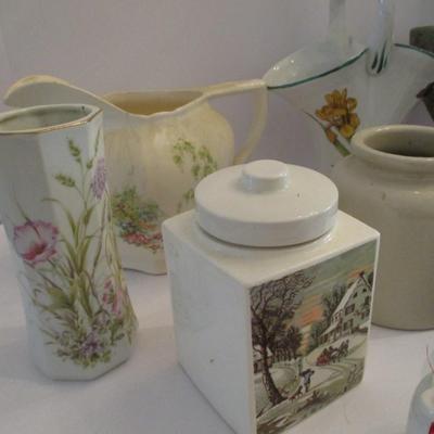Vintage Currier Ives Container Japanese Bud Vase Octagon Stoneware Vases
