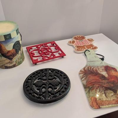 Rooster Cutting Board & Cast Iron Trivets & Gingerbread Man