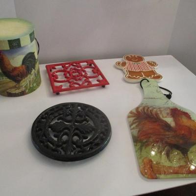 Rooster Cutting Board & Cast Iron Trivets & Gingerbread Man