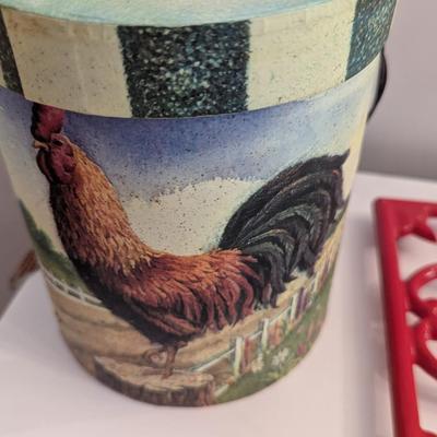 Rooster Cutting Board & Cast Iron Trivets & Gingerbread Man