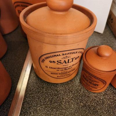 Large collection Henry Watson Pottery Terracotta Spices Flour Sugar Tea Salt Pepper