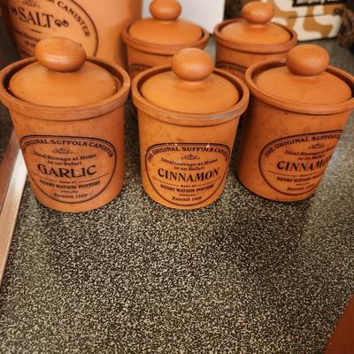 Large collection Henry Watson Pottery Terracotta Spices Flour Sugar Tea Salt Pepper