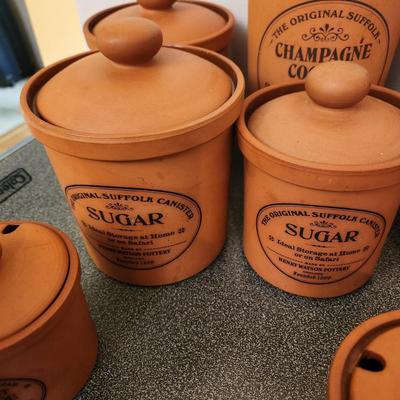 Large collection Henry Watson Pottery Terracotta Spices Flour Sugar Tea Salt Pepper