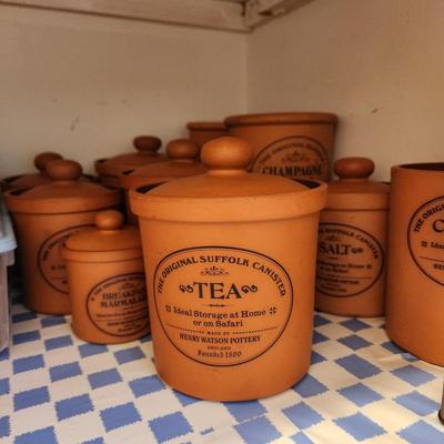 Large collection Henry Watson Pottery Terracotta Spices Flour Sugar Tea Salt Pepper