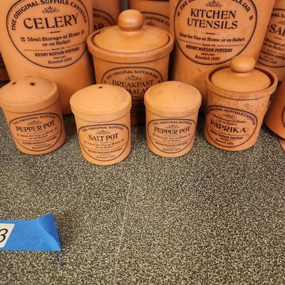Large collection Henry Watson Pottery Terracotta Spices Flour Sugar Tea Salt Pepper