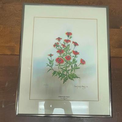 Vintage Framed Print Enoch Kelly Haney's painting of orange-red flowers. 1986