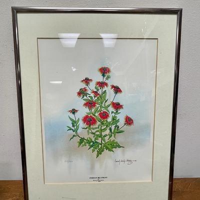 Vintage Framed Print Enoch Kelly Haney's painting of orange-red flowers. 1986
