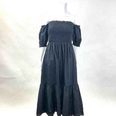 276 INTERMIX EXCLUSIVE Aubrey Smocked Black Poplin Midi Dress