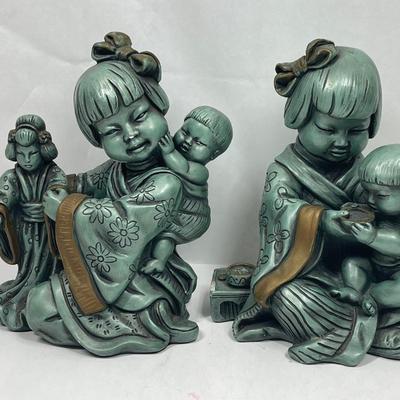 Large Mid-Century Universal Statuary Teal Green Copper Colored Chalkware Japan Figurines - Chicago