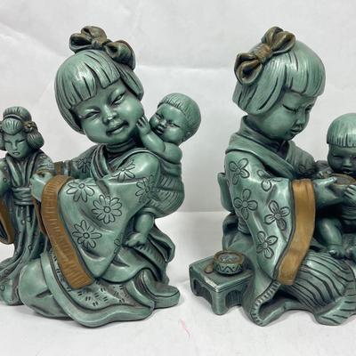 Large Mid-Century Universal Statuary Teal Green Copper Colored Chalkware Japan Figurines - Chicago