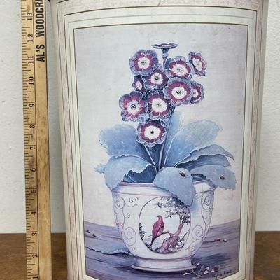 Phyllida Riddell decorated Vintagw Metal Trash Can Vintage Trash Can Still Life potted flowers