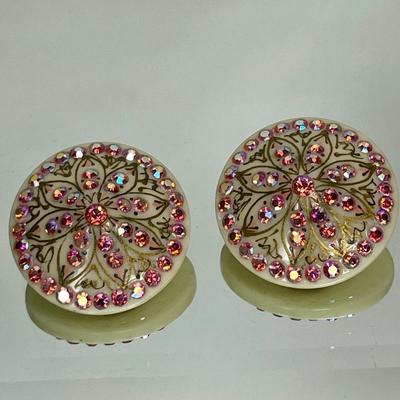 Vintage White glass and pink rhinestone clip earrings