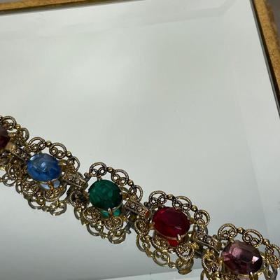 Multi color glass and filigree link bracelet