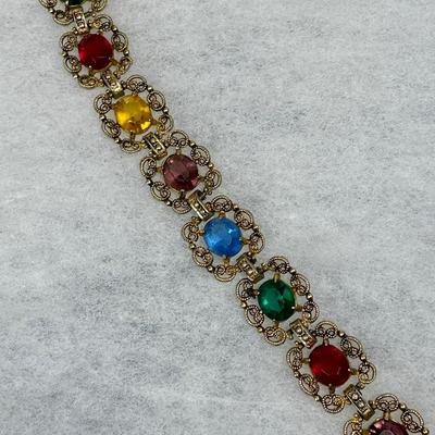 Multi color glass and filigree link bracelet