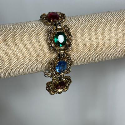 Multi color glass and filigree link bracelet