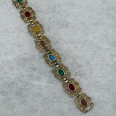 Multi color glass and filigree link bracelet