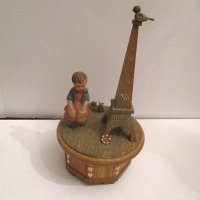 Approx 10" Tall Anri Thorens Eiffel Tower Hand Carved Wood Revolving Music Box