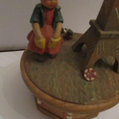 Approx 10" Tall Anri Thorens Eiffel Tower Hand Carved Wood Revolving Music Box