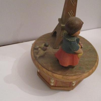 Approx 10" Tall Anri Thorens Eiffel Tower Hand Carved Wood Revolving Music Box